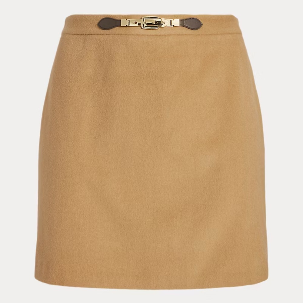 Ralph Lauren Black Label Camel Wool A-Line Skirt with Gold Buckle